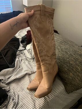 Beige Knee-High Western Boots - Women's Fashion Knee Boots